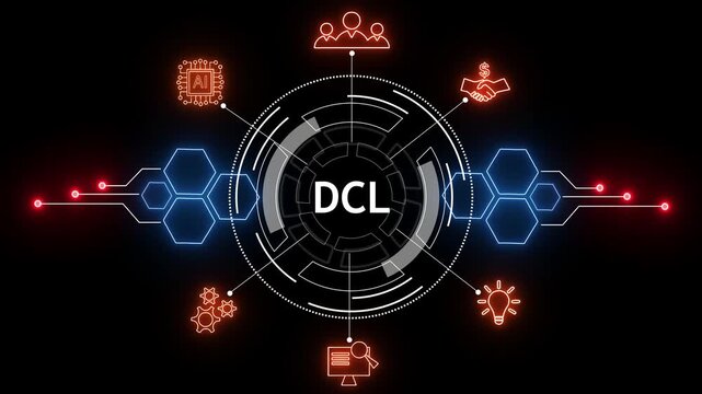 Digital data network interface with glowing hexagons and central dcl logo technology