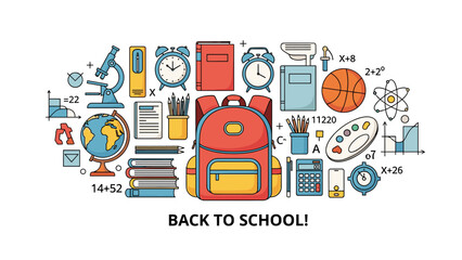Fototapeta premium Composition of various school supplies like backpack books and globe for education and back to school season marketing.