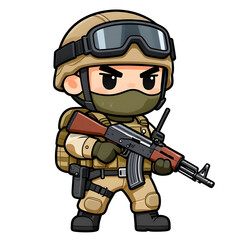 Naklejka premium A sturdy special forces soldier with a combat weapon, fully equipped in special combat gear. Cartoon mascot, illustration, clean lines, flat design, modern, high quality