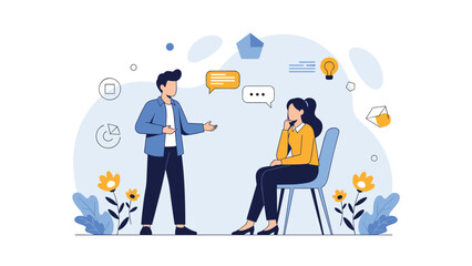 Fototapeta premium Two business people having a conversation with speech bubbles and ideas icons in a professional office workspace.