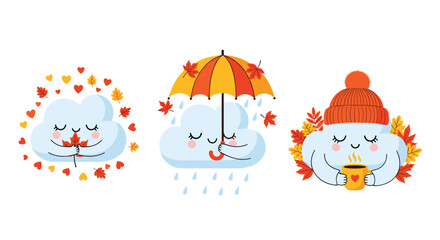 Fototapeta premium Three cute cloud characters enjoying autumn with a maple leaf, an umbrella in the rain, and a hot cup of coffee.