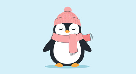 Fototapeta premium Cute cartoon penguin with closed eyes wears a pink knitted hat and matching scarf for a sweet and peaceful winter character.