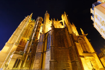 View on the beautiful illuminated cathedral in Metz during the twilight in Lorraine region of France