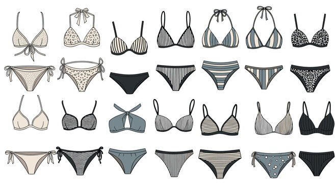 Large collection shows various bikini top and bottom styles in different colors and patterns including stripes and animal prints.