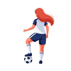 Obraz premium Flat design rear view of female soccer player with red hair controlling ball with foot in sportswear