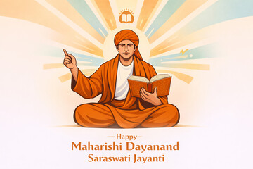 Maharishi Dayanand Saraswati Jayanti poster-clean line-art portrait of Maharishi Dayanand Saraswati, flat vector illustration