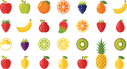 Colorful Fruit Icon Set Featuring Apples Citrus Berries Bananas Pineapple and Tropical Produce Illustrations for Healthy Nutrition Organic Food and Market Design Concepts © MstSuborna