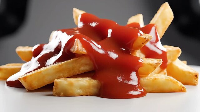Cinematic b-roll footage of french fries smothered in ketchup on a table, captured in a cinematic style with a close-up viewpoint