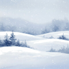 Fototapeta premium Soft blue watercolor winter forest landscape with falling snow