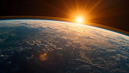 View of earth from space with clouds and sun rays shining through the atmosphere at sunrise time
