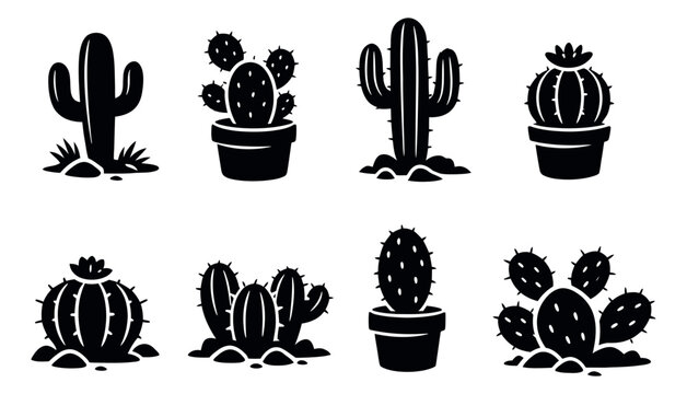 Stylized silhouette cactus icon set featuring various desert plants for graphic design
