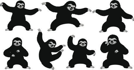 Obraz premium Seven cartoon sloths in various playful poses black and white animal white background