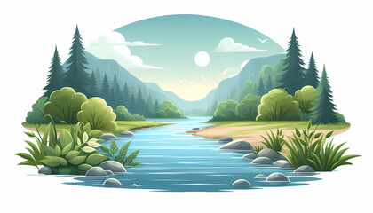 Peaceful landscape with a blue river mountains and pine trees