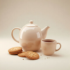 Minimalist beige ceramic teapot and cup with butter cookies on a table
