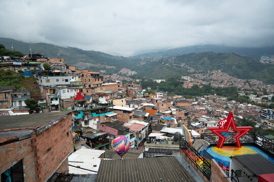 MEDELLIN, COLOMBIA - February 2, 2026: Streets and walls covered in graffiti in Comuna 13