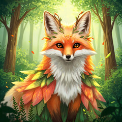 Majestic fox spirit with leaf crown in a sunny magical forest