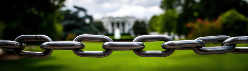 Red metal chain tape symbolizes government shutdown with editorial use in front of blurred building and green lawn background
