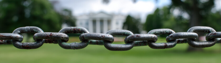 Naklejka premium Red tape and government shutdown create chain of obstacles editorial use symbolizing restriction and delay in progress