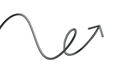 Metallic wriggling arrow 3D shape isolated 3D Rendering. Futuristic chrome squiggle line arrow banner, abstract tangled curved pointer