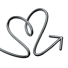 Metallic wriggling arrow 3D shape isolated 3D Rendering. Futuristic chrome squiggle line arrow, abstract heart tangled curved pointer