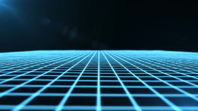 Futuristic neon grid perspective digital cyberspace abstract background glowing blue lines on black dark void with lens flare light streaks science fiction technology concept