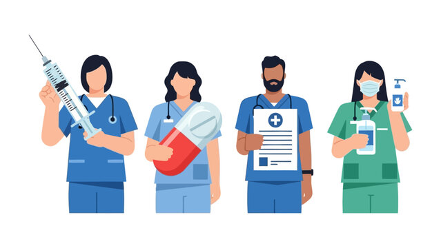 Healthcare Heroes: A group of dedicated medical professionals stand ready, armed with tools of care including a syringe, a pill, a medical chart, and hand sanitizer.