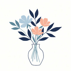 Minimalist flower bouquet in a glass vase hand drawn illustration in pastel colors