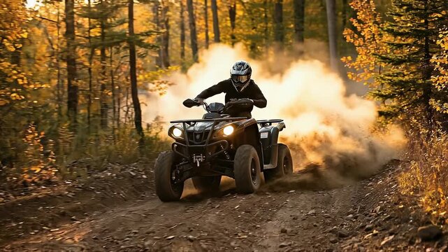 Dynamic quad biking adventure on dusty forest trail at golden hour