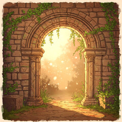 Ancient stone archway covered in ivy with glowing magic light in a secret garden