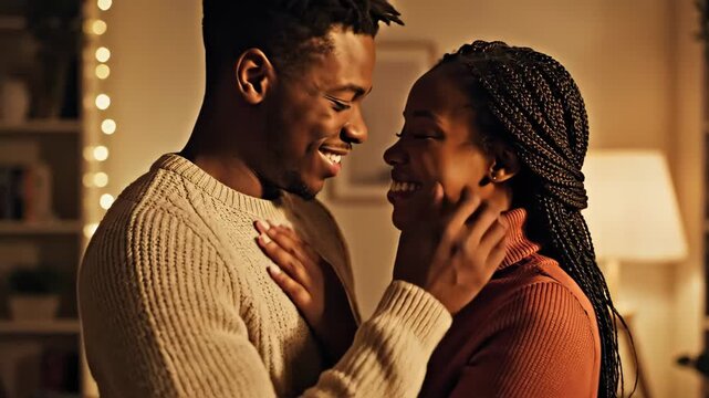 Couple shares moments of joy and affection in a cozy living room during a winter evening together at home Generative AI