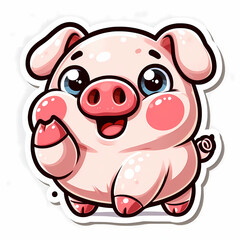 Fototapeta premium Cute cartoon pink pig sticker with big blue eyes waving its hoof. Funny farm animal character mascot isolated on white background
