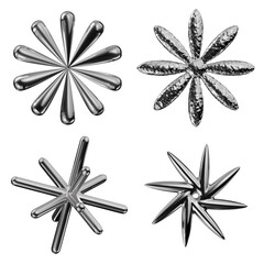 3D chrome flower shapes 3D Rendering. Y2K Liquid metal star, sparkle, flower silver elements 3D rendering. Retro futuristic style forms