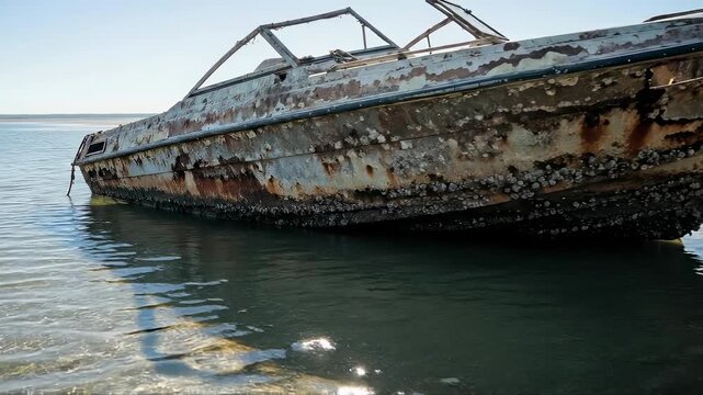 Rusting boat beached on tranquil shore with sunlit water reflections