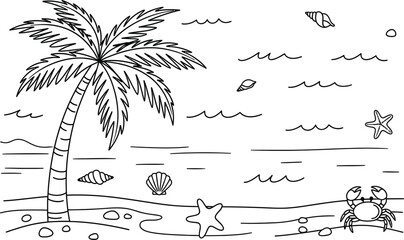 A serene beach scene with a palm tree and a starfish