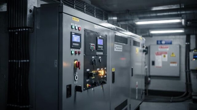 Medium shot of a backup generator in an emergency power room with sharp focus on the control panel and blurred industrial surroundings.