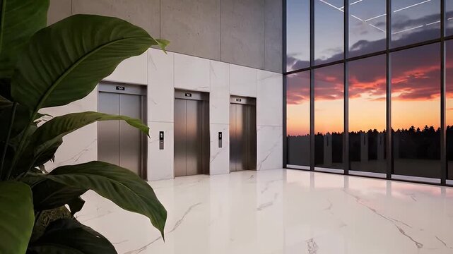 Modern Office Lobby with Elevators and Beautiful Sunset Through Large Windows