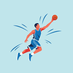 Dynamic flat design of basketball player in blue jersey jumping for dunk with ball on light blue background
