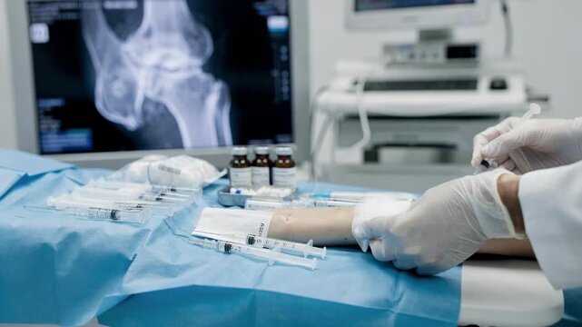 Joint block injection station lit under sterile lights in procedure room focusing on the injection site and fluoroscopy monitor background medical devices obscured.