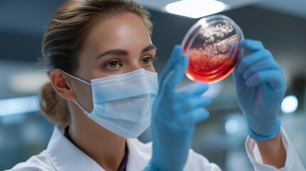 Naklejka premium Faceless scientist woman with mask and petri dish for blood analysis, laboratory experiment research, culture plate study inspection for DNA test, medical professional workspace, w