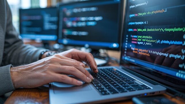 Professional Software Developer Hands Typing on Laptop Keyboard with Multiple Monitors Displaying Computer Code Lines in Dark Office