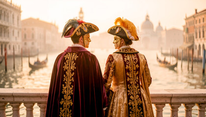 Coppia in costume al Carnevale di Venezia al tramonto