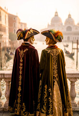 Coppia in costume al Carnevale di Venezia al tramonto