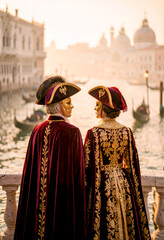 Coppia in costume al Carnevale di Venezia al tramonto
