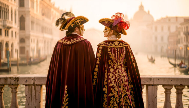 Coppia in costume al Carnevale di Venezia al tramonto