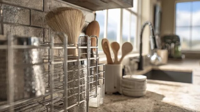 Medium shot emphasizing a drying rack with hanging brushes and tools in crisp detail complemented by the blurred deep basin sink and storage area.