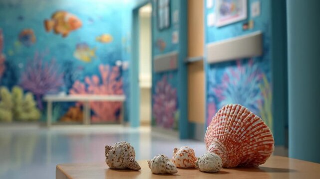 Medium shot capturing the ocean theme in a pediatric room with bright coral reef murals and interactive shell toys blurred in the background to comfort anxious children.