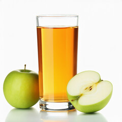 A glass of apple juice is next to a green apple
