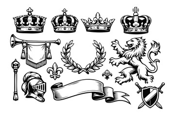 royal heraldry symbols including crowns,lion,and shield © belal