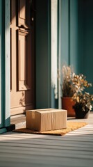 A cardboard package sits on a front porch mat bathed in morning sunlight. The delivery box highlights contactless shipping and doorstep convenience.