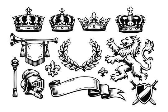 royal heraldry symbols including crowns,lion,and shield